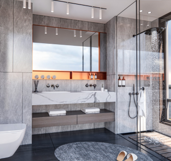 现代卫生间 卫浴用品 喷淋 花洒 台盆 马桶 洗手台 洗浴间 镜子